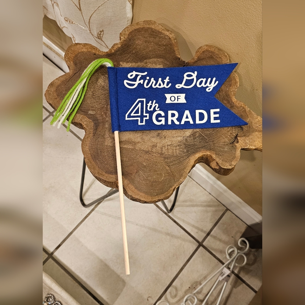 First Day of 4th Grade Blue Pennant Flag with Green Tassels